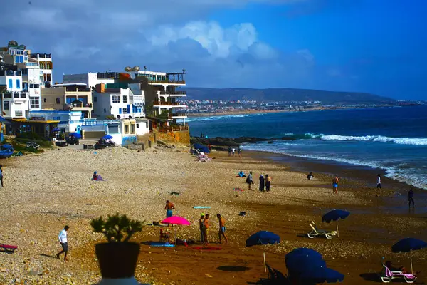 Taghazout village and beach with the coast towards Agadir behind